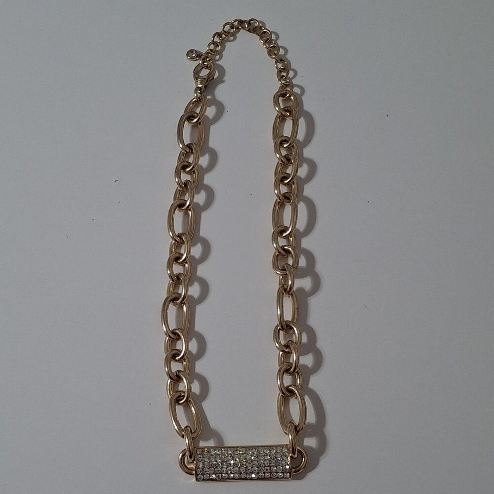 Shiny Gold Tone Chain Rectangular Bar Shape Geometric Rhinestone Necklace